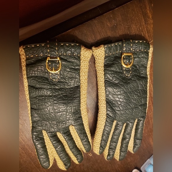 Accessories - Free with purchase, Leather Winter Gloves, Green and Yellow